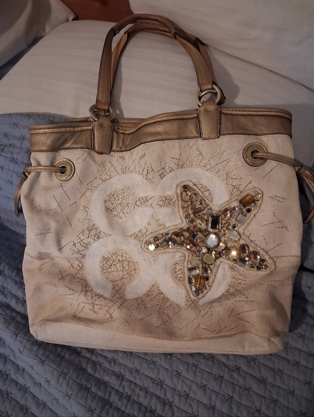 Coach Star Fish Embellished Beige Canvas Tote Bag with Gold Hardware - Picture 2 of 16